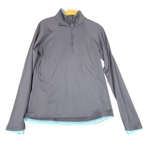 LLBean Gray Quarter Zip Pullover Athletic Top Women's M Long Sleeve Blue Trim